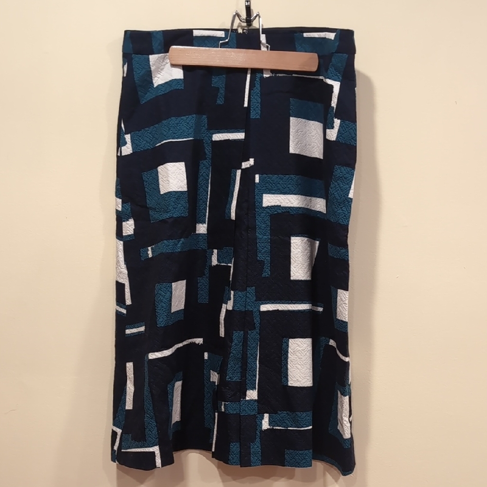 Banana Republic Abstract Midi Skirt - Navy, Teal, and White